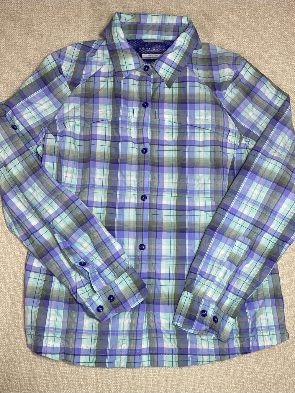 Columbia Shirt Womens Large Purple Plaid Omni-Shade Hiking Fishing Long Sleeve